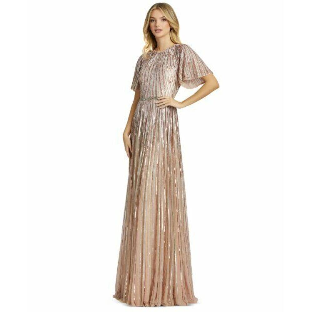 $598 Mac Duggal Sequin Beaded Rose Pink Silver Stripe Formal Gown 12 NWT